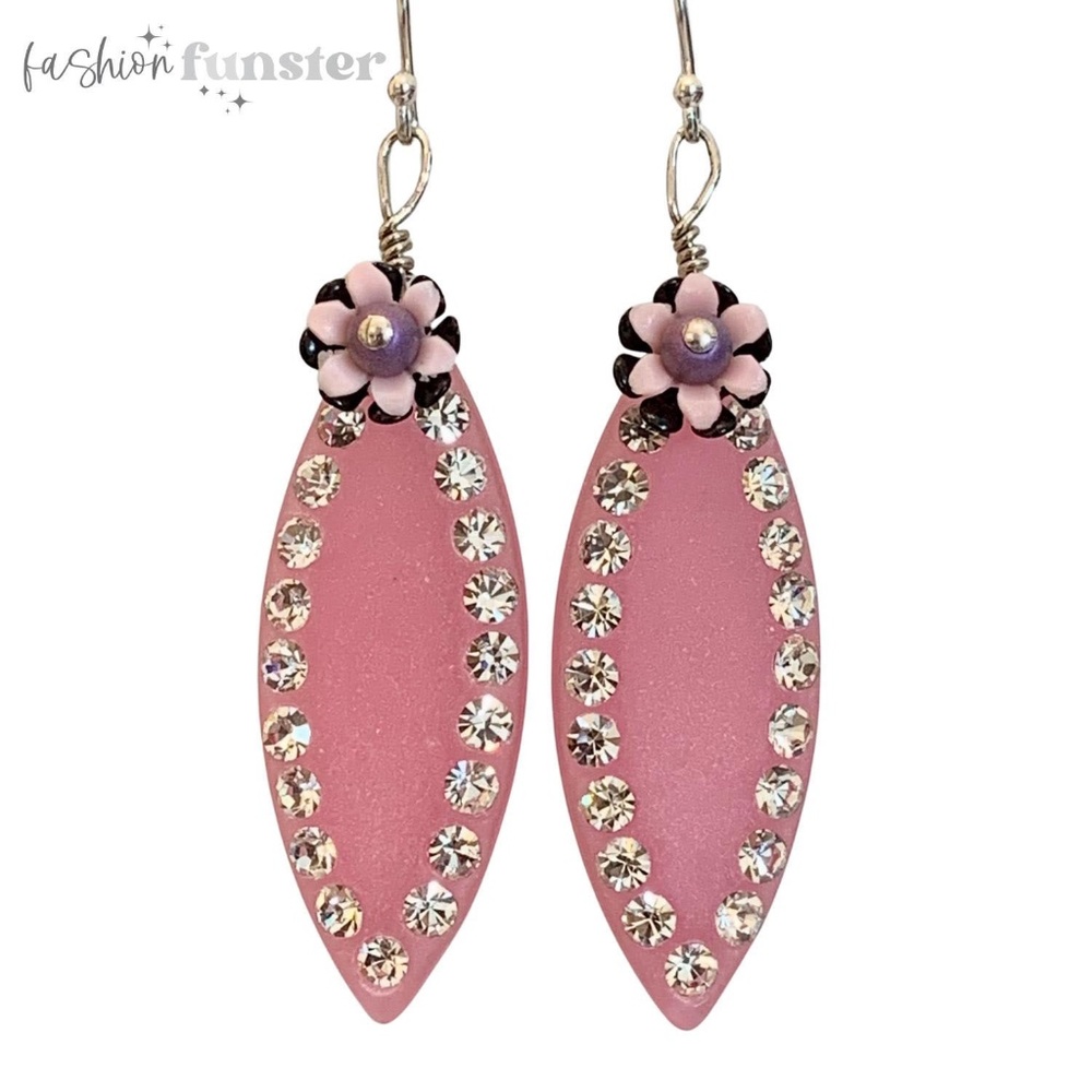 Vintage 1960s Floral Crystal Rhinestone Lucite Long Ellipse Dangle Drop Earrings - Picture 2 of 5